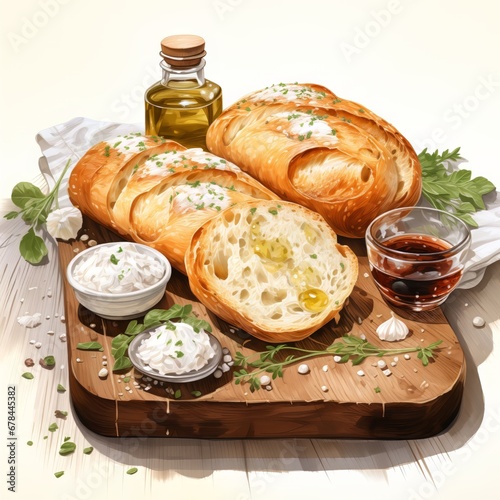 Buns and ciabatta, bread on wooden box. Barley and fresh mixed breads photo