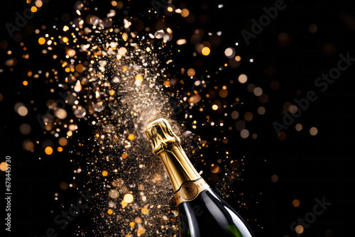 A celebration bottle of champagne with gold sparkling glitter confetti photo