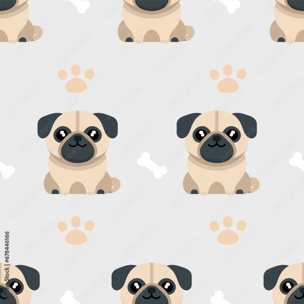 Seamless vector background pattern with a happy pug dog.