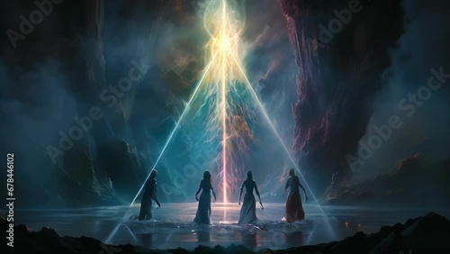 Radiant bolts of ancient magical energy ripple through the air three figures standing in a triangle around a vibrant fountain of light. With sharp intakes of breath the resounding chant photo