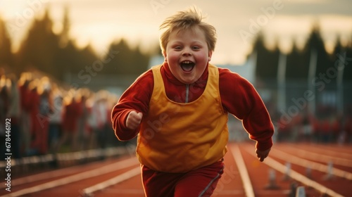 An overweight child with Down Syndrome is running a running race.