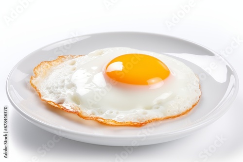 Perfectly cooked fried egg with golden yolk on white plate, isolated on clean white background