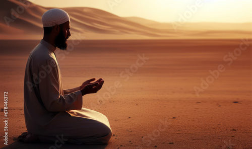 Muslim man sits and performs prayers in the middle of a quiet desert, Generative AI photo