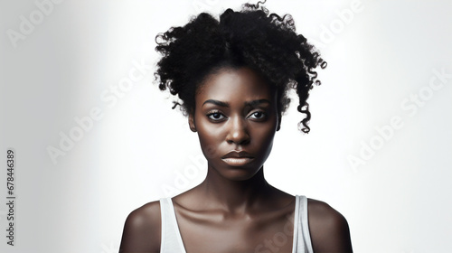 Portrait of a sad black woman on isolated solid white background photo