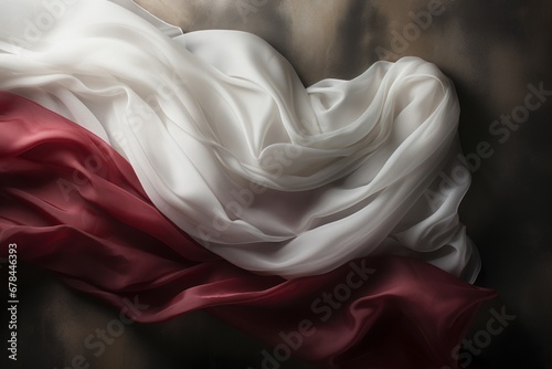 Poland independence day flag waving in the wind, patriotic fabric texture background with copy space