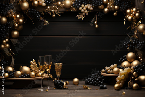 Elegant festive background of black wood texture surrounded by white and black grapes, adorned with Christmas and New Year decorations.copy space frame