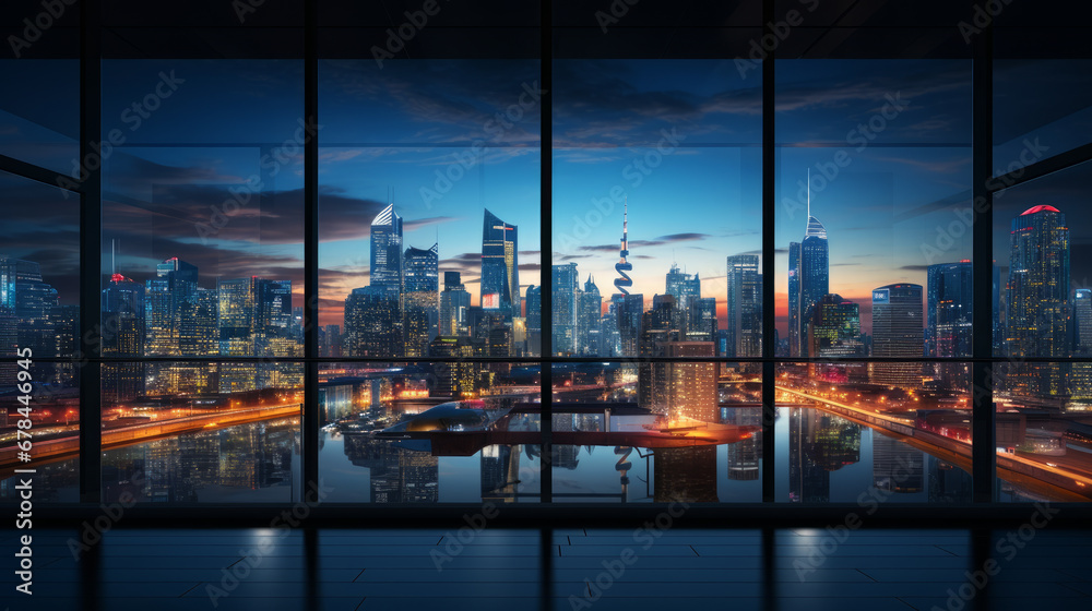 View through a window of an illuminated imposing metropolis