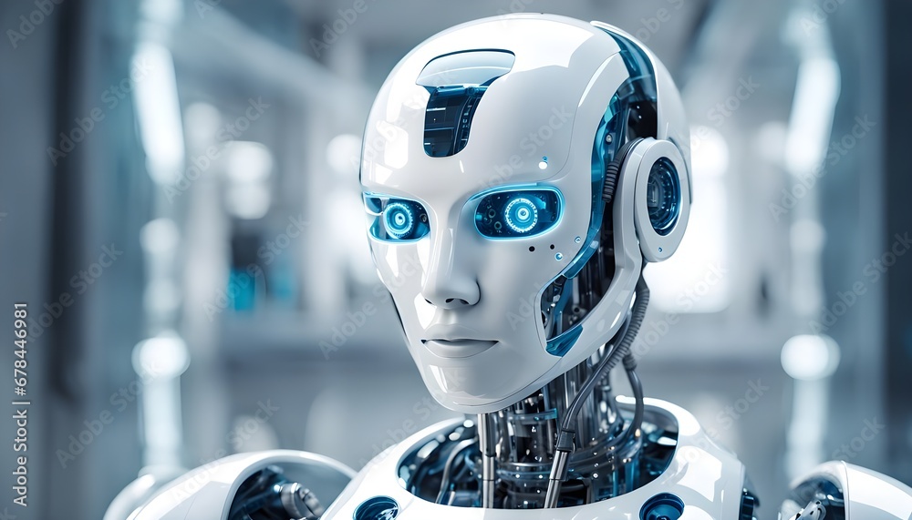 Futuristic blue and white robot with artificial intelligence