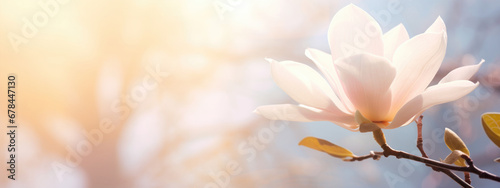 Pink spring blossom of magnolia flowers on soft background with copy space photo