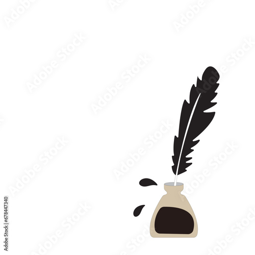 Feather and ink bottle icon vector illustration. Black inkwell. Ink bottle and quill pen vector design. Elegant old-fashioned plume pen in inkpot, symbol of poetry and vintage lettering.