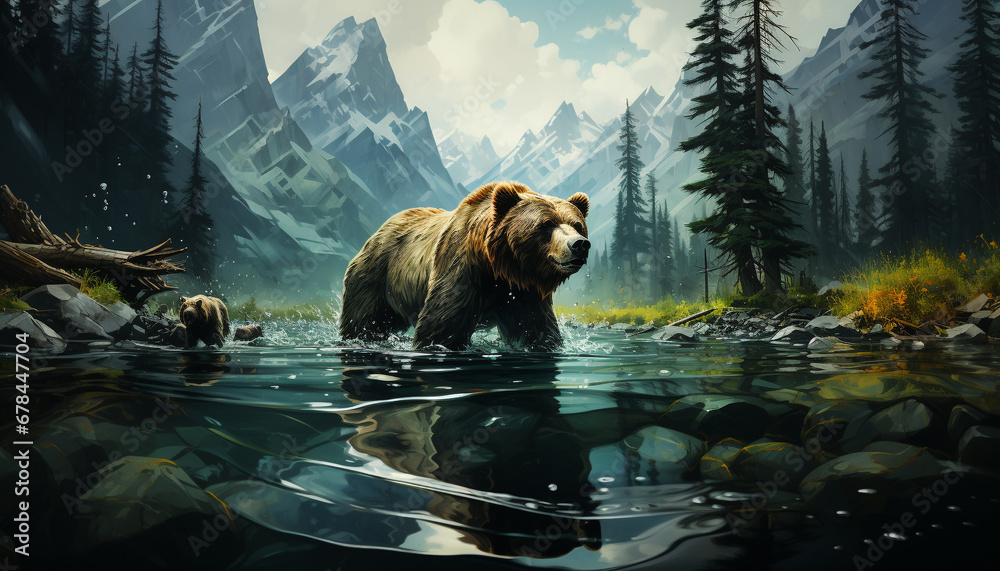 Majestic grizzly bear walking in tranquil mountain landscape generated by AI