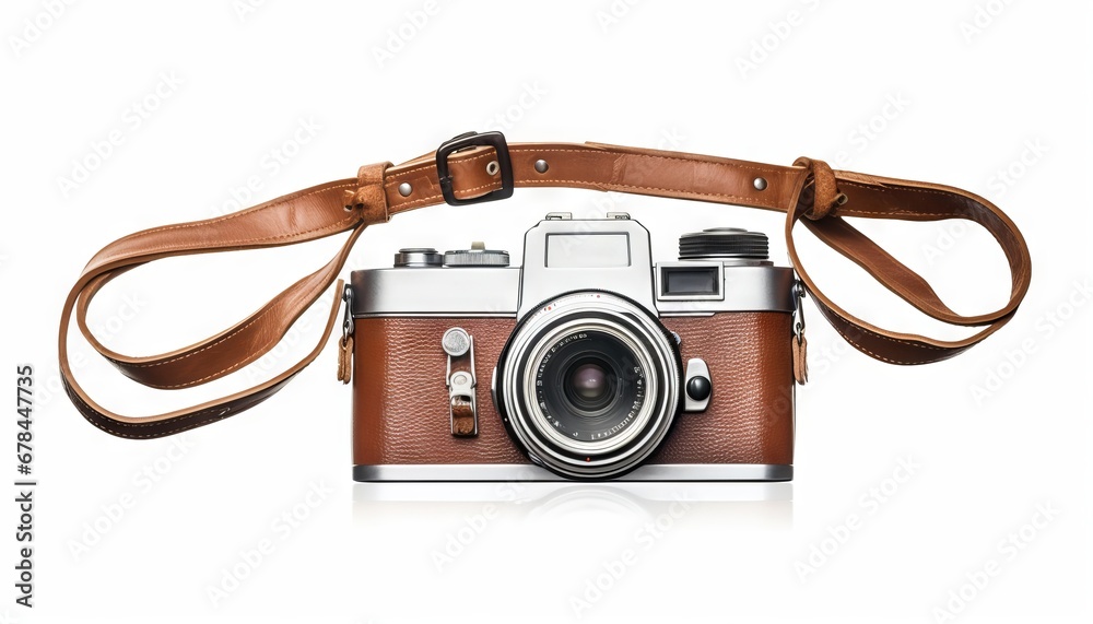 Vintage camera with a strap on a plain white background without shadows
