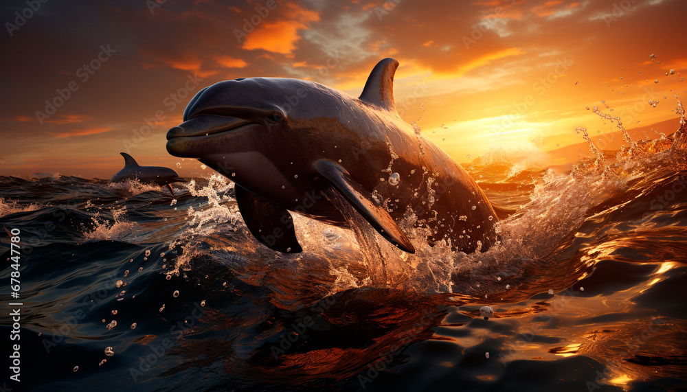 Playful dolphin jumping in the sunset over the blue sea generated by AI