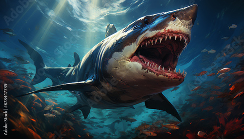 Majestic giant fish swimming underwater  sharp teeth  dangerous and spooky generated by AI