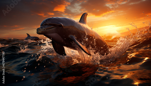 Playful dolphin jumping in the sunset over the blue sea generated by AI photo
