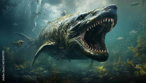 Majestic dinosaur swimming underwater, teeth bared, in a furious motion generated by AI © Stockgiu