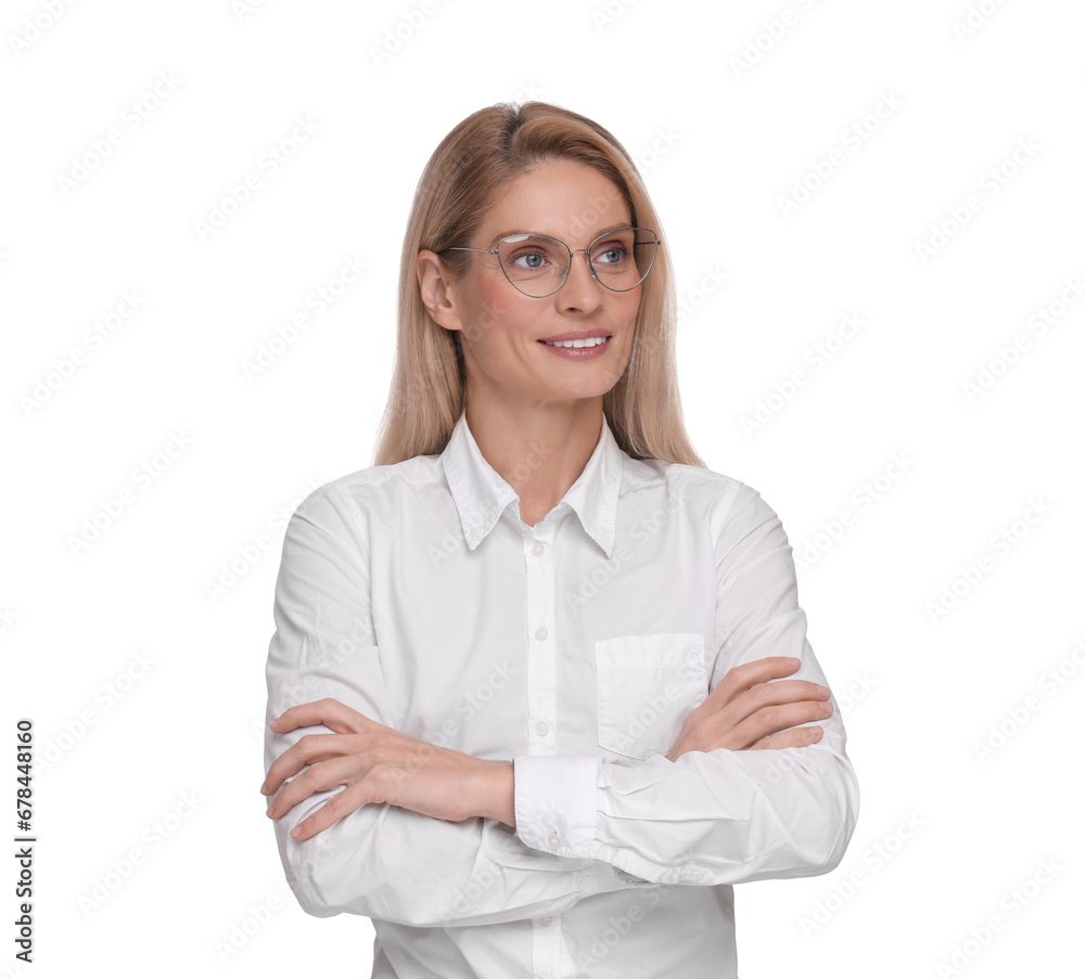 Portrait of smiling woman in glasses on white background. Lawyer, businesswoman, accountant or manager Portrait of smiling woman in glasses on white background. Lawyer, businesswoman, accountant or manager