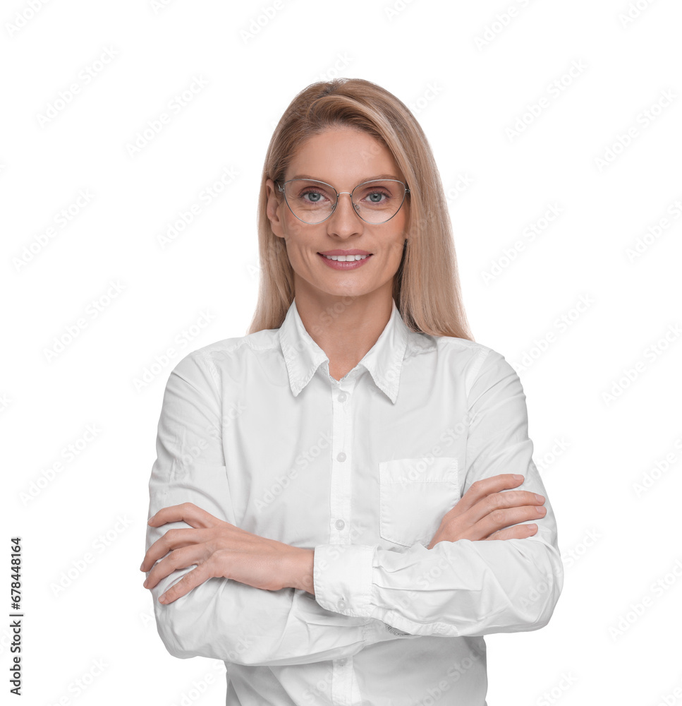 Portrait of smiling woman in glasses on white background. Lawyer, businesswoman, accountant or manager Portrait of smiling woman in glasses on white background. Lawyer, businesswoman, accountant or manager