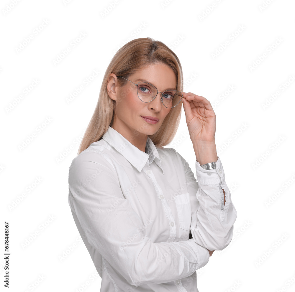 Portrait of beautiful woman in glasses on white background. Lawyer, businesswoman, accountant or manager Portrait of beautiful woman in glasses on white background. Lawyer, businesswoman, accountant or manager