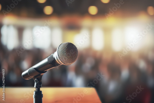 Close up of microphone on the table in background of blurred a conference seminar audience and conference hall. Event concept of classes and speeches. photo
