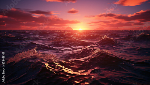 Sunset over water, wave pattern reflects beauty in nature generated by AI
