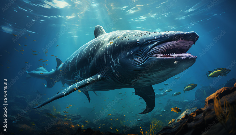 Fototapeta premium Majestic underwater adventure large fish swimming in blue sea generated by AI