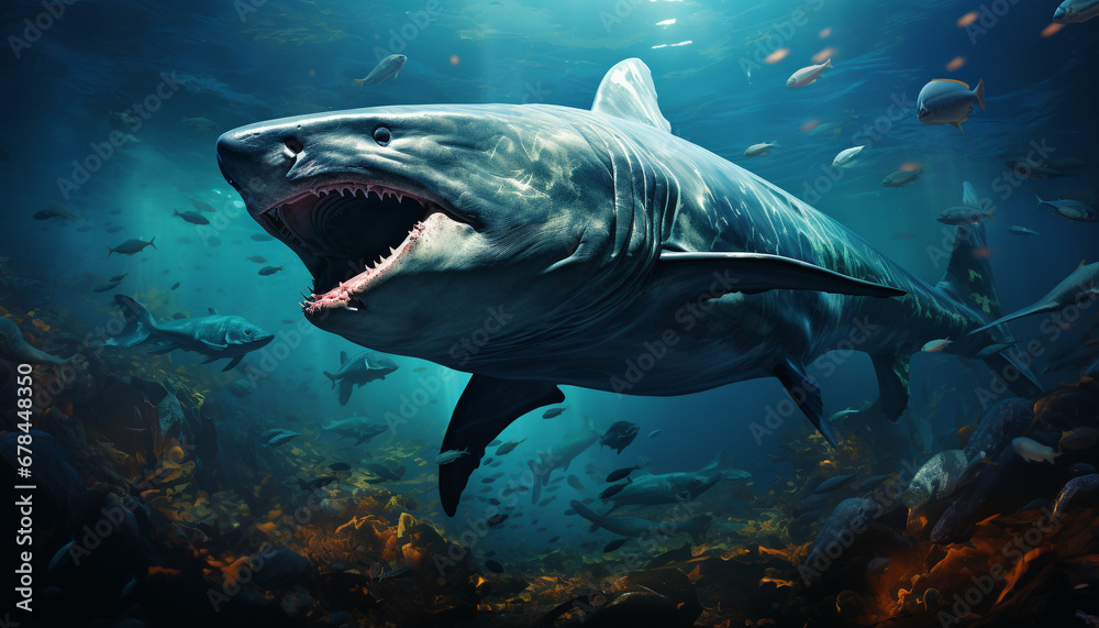 Fototapeta premium Majestic underwater adventure giant fish swimming near coral reef generated by AI