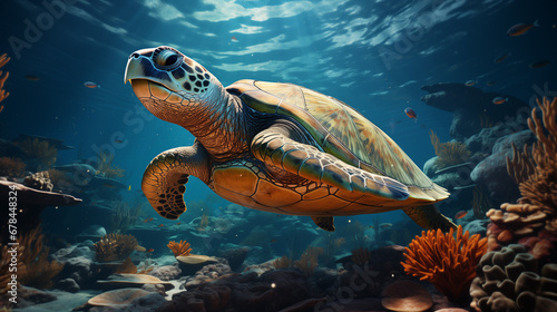 Sea turtles swim among coral reefs in clear water.