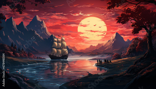Sailing ship sails through night, nature mystery painted in dusk generated by AI photo