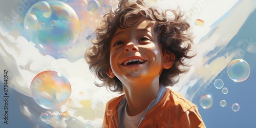 a painting of a boy smiling and playing with soap bubbles, generative AI