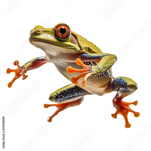 A leaping red eyed tree frog, green frog jumping isolated on transparent background photo