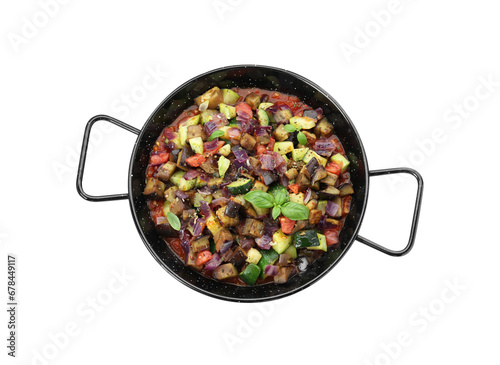 Delicious ratatouille in baking dish isolated on white, top view