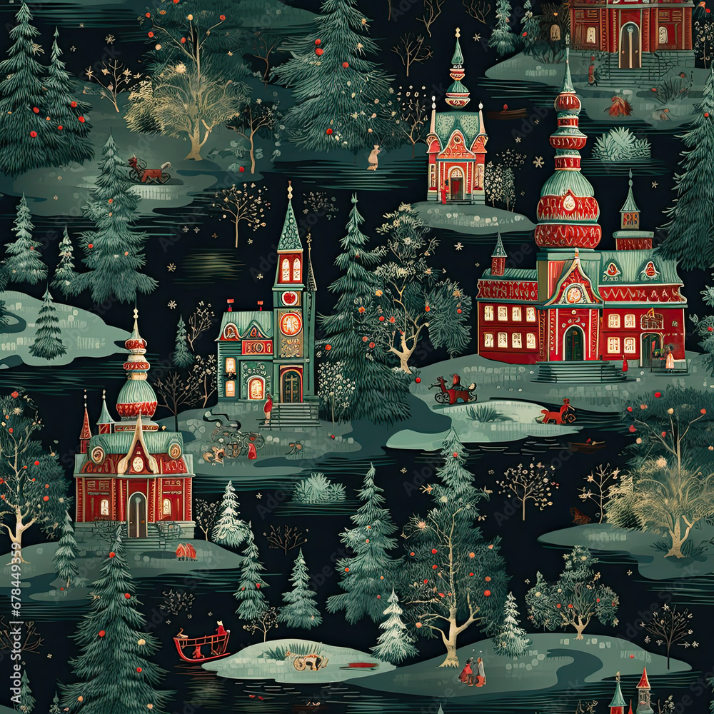 Fototapeta premium landscape with christmas tree russian pattern seamless wall paper graphic