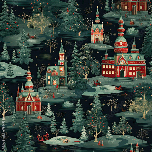 landscape with christmas tree russian pattern seamless wall paper graphic photo