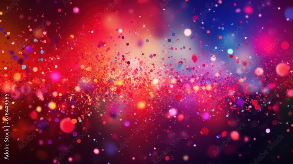 A festive and colorful party with flying neon confetti on a purple, red and blue background - obrazy, fototapety, plakaty 