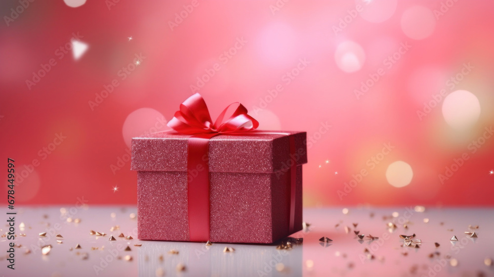 Red gift box with a red bow on pink background