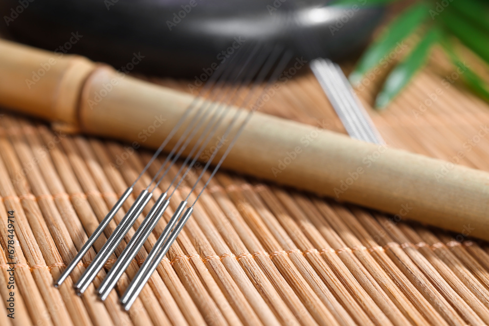 Many acupuncture needles on bamboo mat, closeup. Space for text Many acupuncture needles on bamboo mat, closeup. Space for text