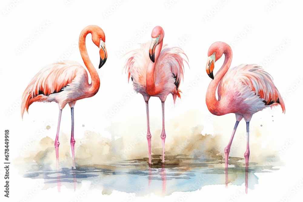 Watercolor depiction of three pink flamingos standing in water. Generative AI