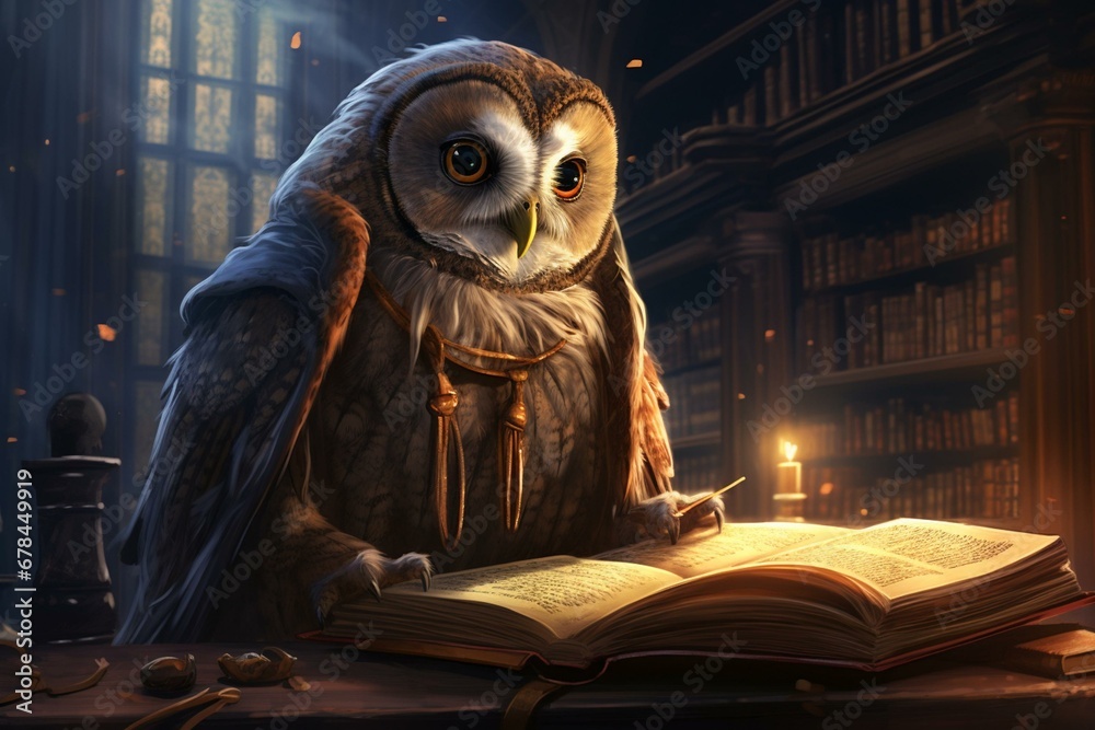 old owl reading book in library, illustration. Generative AI - obrazy, fototapety, plakaty 