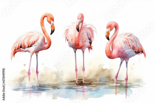 Watercolor depiction of three pink flamingos standing in water. Generative AI © Fallon