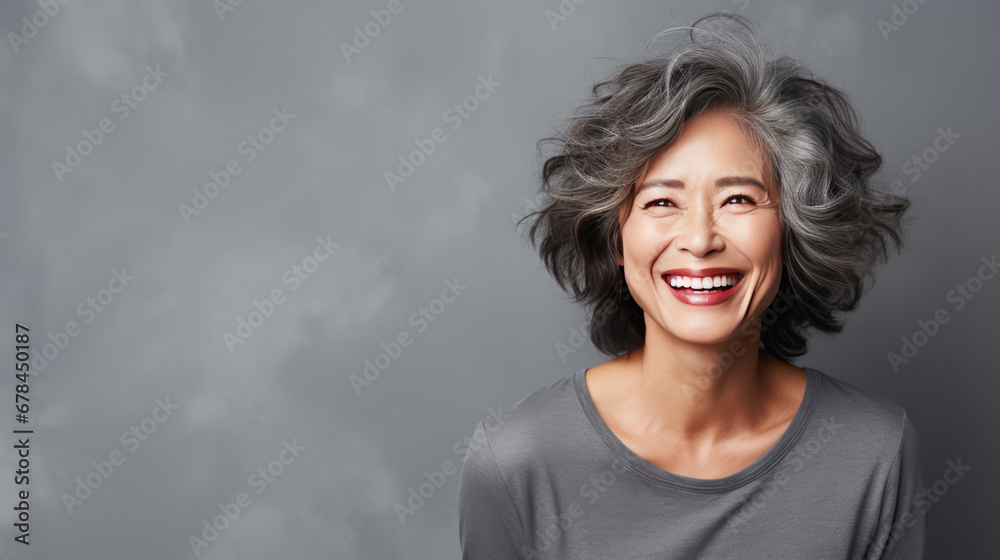 smiling beautiful wealthy healthy 40's older japanese asian woman in front of grey background smiling beautiful wealthy healthy 40's older japanese asian woman in front of grey background