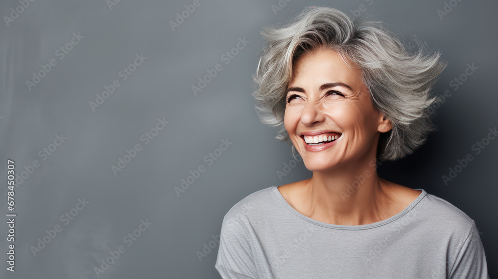 happy older  healthy american woman with silver hair