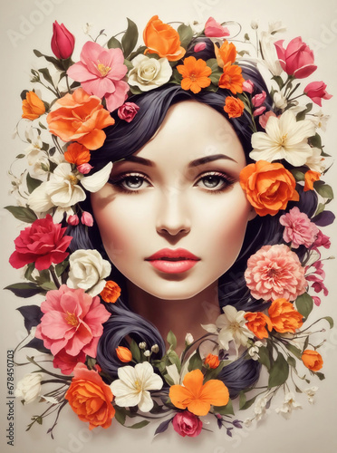 portrait of a woman with flowers. International Women's Day concept illustration.