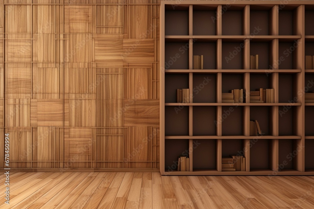 Background featuring a wooden bookshelf in 3D. Generative AI