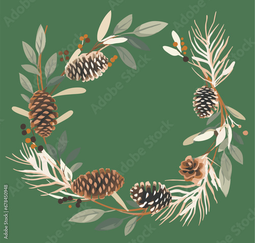 Illustrated watercolor pinecone and wildflower wreath, floral wreaths, delicate flowers, greenery, wedding invitation.