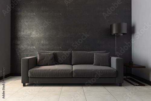 A modern, simple living room with a dark sofa against a blank wall. Generative AI © Leandro