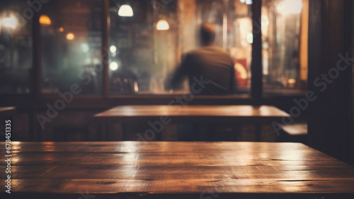 Ethereal Vintage Charm on Dark Wood Stage in Blurry Restaurant Interior with Soft Lighting, Faded Posters, and Timeless Human Silhouettes - Evoking Nostalgia and Emotions