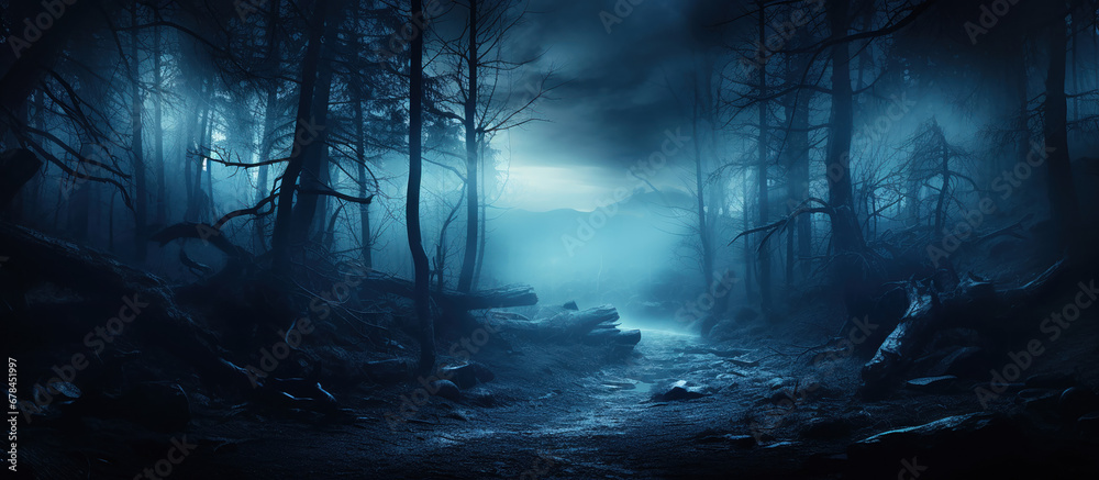 Eerie forest fog at night with filtered bokeh lighting.