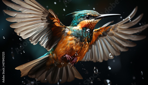 A hummingbird in mid air, wings spread, beauty in nature generated by AI