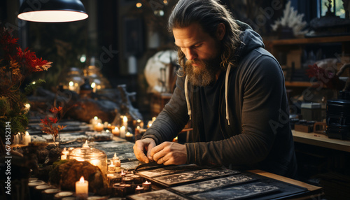 A young man, focused, crafting wood, illuminated by candlelight generated by AI